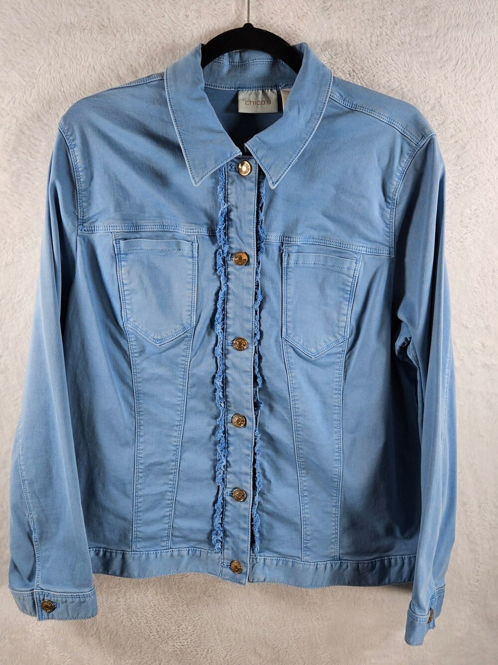 Chico's Denim Jean Jacket Light Blue Fringe Trim Cotton Stretch Womens Size 3 XL